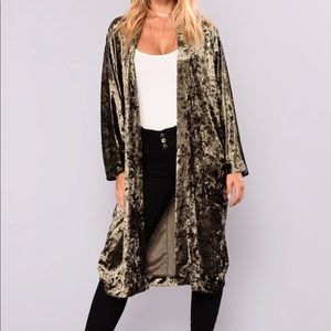 Olive velvet duster kimono from Fashion Nova
